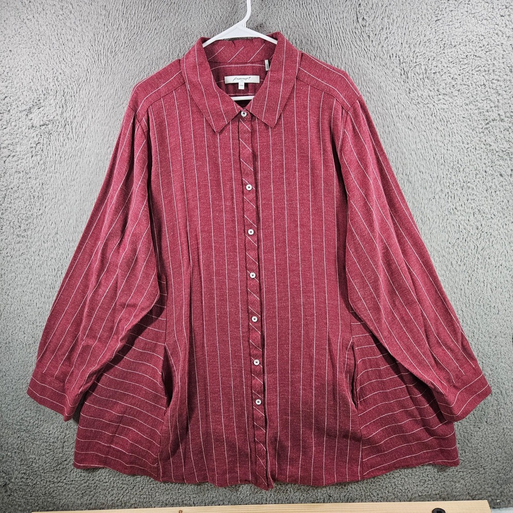 Foxcroft NYC Womens 24W Burgundy Pinstripe Herringbone Button Down Tunic Pockets